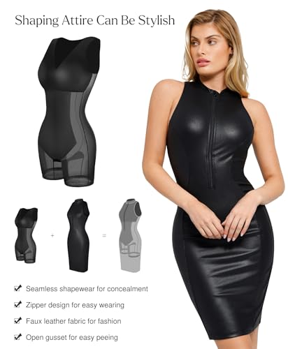 Popilush Faux Leather Dress for Women - Midi V Neck Dresses Shapewear Body con Dress Women - Date Night Outfit3