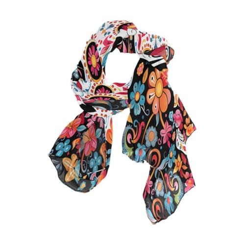 ALAZA Halloween Sugar Skull Flower Floral Chiffon Silk Long Scarf Shawl Wrap