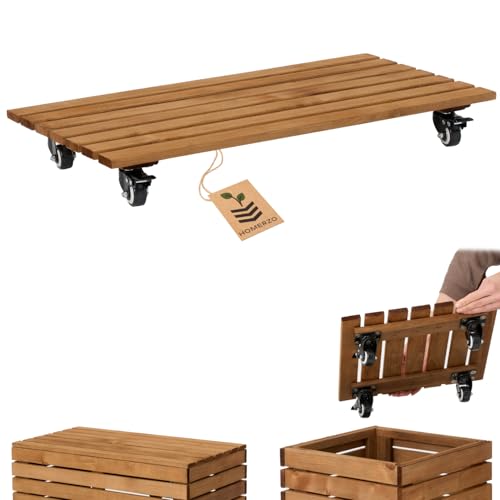 HOMERZO Pflanzenroller witterungsbestaendig - 90 kg Tragkraft - Rollbrett Pflanzen - Untersetzer Blumentopf - Blumenroller - Rollen mit 2 Feststellern (Braun, 67 x 36 cm)