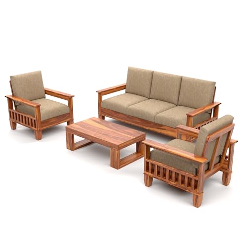 Image of Solid Sheesham Wood 5 Seater Sofa Set for Living Room | (3+1+1) Stylish & Durable Five Person Wooden Sofa | Elegant 5 Seater Sofa for Home & Office Furniture (Joren Honey, 5 Seater)