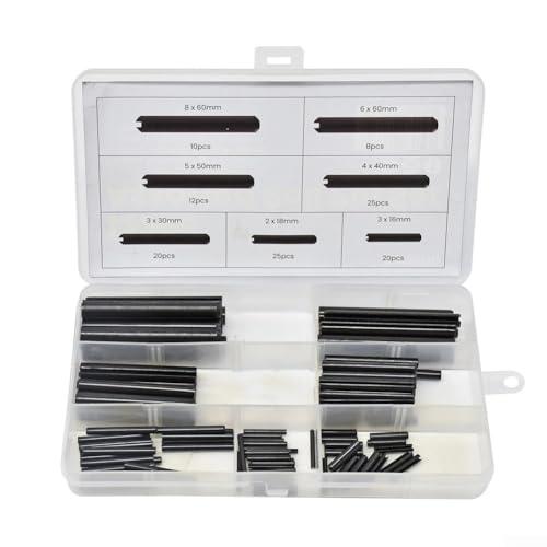 GB879 - Pasadores elásticos huecos para posicionamiento industrial - pasadores cilíndricos de resorte de acero al carbono, acabado óxido negro, surtido de 120 piezas