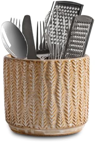 5.3-Inch Ceramic Utensil Crock Utensil Holder Countertop, Embossed Ceramic Storage Canister - with Non-Slip Cork Base, Rustic Farmhouse Multi-Purpose Desktop Organizer, Kitchen Decor(Wheat Brown)