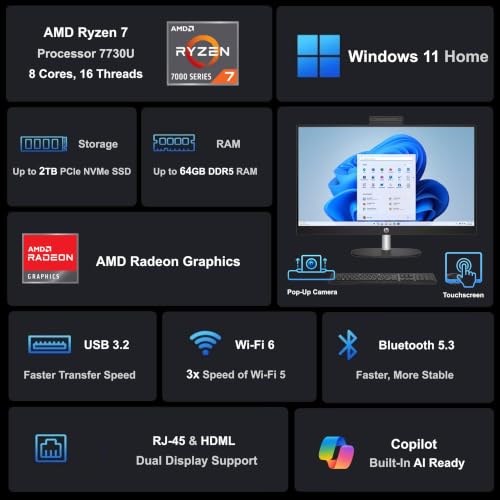 Image of Customizable HP 27 inch FHD Touchscreen All-in-One Business Desktop PC, AMD Ryzen 7 (Up to 4.5GHz), 16GB /32GB /64GB RAM, 512GB /1TB /2TB SSD, Wi-Fi 6, Webcam, USB-C, HDMI, Wireless KB&Mouse, Windows 11