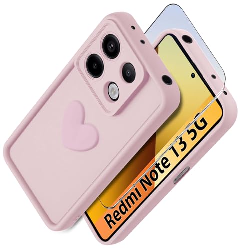 KRAINAGSM Hülle Kompatibel mit Xiaomi Redmi Note 13 5G Silikon Case Matt Hellrosa Herz Motiv Erhöhte Kanten Inklusive 9H gehärtetes Glas für Handybildschirme