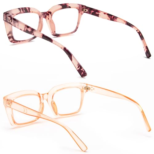 Image of REAVEE 2 Pack Oversized Reading Glasses for Women Men Blue Light Blocking, Ladies Stylish Retro Square Large Computer Readers (Pink Leopard /Tea 2.0x)
