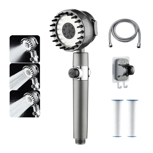Filtered Shower Head with Handheld, Ion Shower Drops Heads with Hose, 3-Mode High Pressure Shower Head for Hard Water, 360° Rotating Nozzle with Back Scrubber, 2 Filter Replacement, Grey