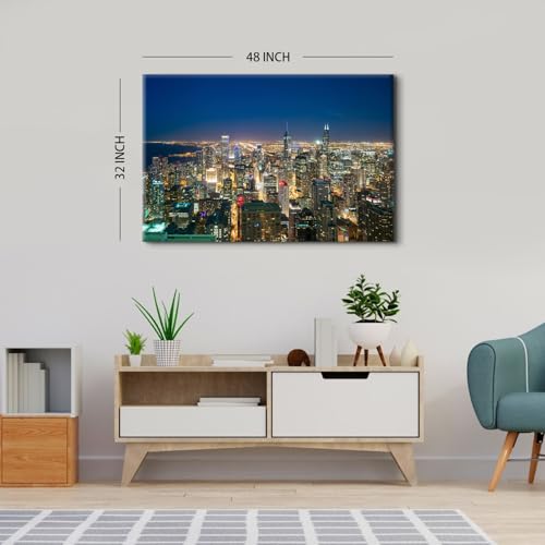 Image of Large City Skyline Wall Art for Office Chicago Wall Decor USA Downtown City Picture Modern Cityscape Painting Canvas Prints Night City Aerial View Poster Panorama Artwork for Bedroom Home Decorations 32x48 inch