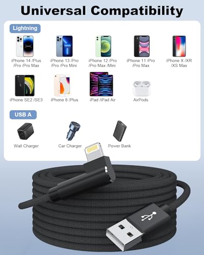 Image of Extra Long Phone Charger Cable 5M, [ MFFi CertIified ] 16ft 90 Degree Lightnning Cable, High Fast /Data Sync Phone Charging Cable Lead for Phone 14 /13 /12Pro /11Max /XS /XR /8 /7 /SE