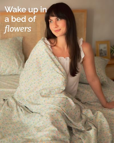 Image of Twin 3 Piece Floral Sheet Set - Breathable & Cooling - Flower Confetti | 1 Flat, 1 Fitted & 1 Pillowcase w / Deep Pockets, Boho Botanical Floral Bedding, Breathable & Cooling, Wrinkle & Fade Free