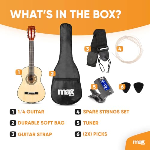 Image of MAX SoloArt Junior 30-inch Small Size Classical Acoustic Guitar Starter Kit for Kids (Aged 3-8 Years) Includes Gig Bag,Tuner, Strap, Extra Nylon Strings & Picks Designed & Engineered in Netherlands