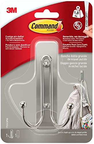 Command 3M 17036 Polished Nickel Large Double Hook, 1 Hook, 1 Strip