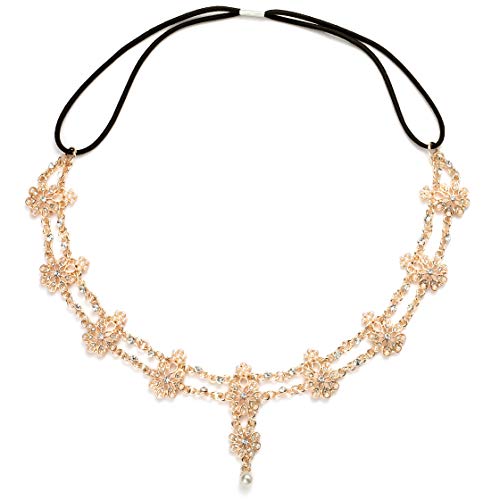 Coucoland Crystal Forehead Chain Headband Bohemian Pearl Head Chain Forehead Headpiece Vintage Hair Band Hair Accessories (Gold)