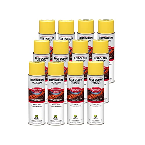 Image of Rust-Oleum Construction Marking Spray Paint, High Visibility Yellow | M1400 System, 17oz. Construction & survey marking; fast-dry inverted spray for pavement, soil, turf & utilities. Pack of 12.
