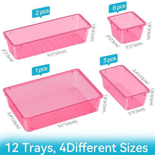 Image of ElegantArray 12 PCS Drawer Organizer Set, 4 Sizes Tool Storage Trays, Clear Plastic Makeup Vanity Organizer and Storage Bins for Stationeries, Multiple Gadgets for Office, Bedroom, Pink