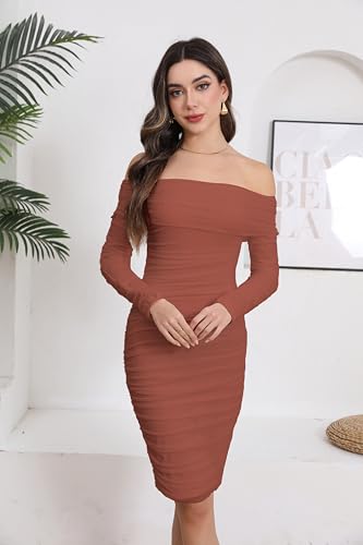 Image of Fooullaide Women's Sexy Off Shoulder Sleeveless Bodycon Ruched Midi Dress