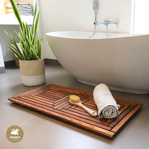 Nordic Style Teak Shower, Bath and Spa Mat | Indoor + Outdoor Use | Non-Slip Wood Platform | Spa, Sauna, Pool, Hot Tub | Luxury Decor (Oiled Finish, 40" x 20")