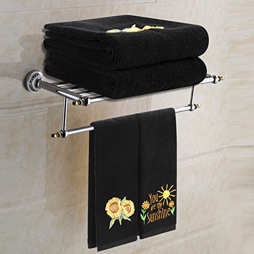 Quera 2 Pack Black Sunflower Hand Towels 100 Percent Cotton Embroidered Premium Luxury Decor Bathroom Decorative Dish Set For Drying, Cleaning, Cooking, 13.7'' X 28.7''Yellow #TOP1