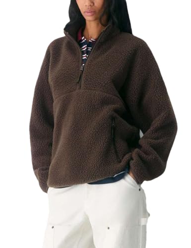 Aimiray Fleece Pullover Women Long Sleeve Half Zip Sherpa Jacket Warm Trendy Teddy Fall Sweatshirts with Side Pockets(Brown-M)