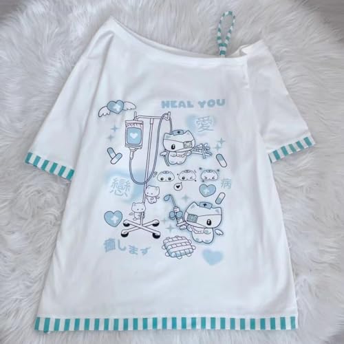Y2k Harajuku Cartoon Print T Shirts Gothic Women Japanese Fashion Patchwork Off Shoulder T Shirt Kawaii Sweet Tees Tops3