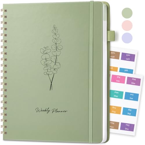Umriox Undated Planner - A4 Weekly Planner Notebook Weekly Journals for Study Work Fitness 52 Weeks Planning with 24 Self-Adhesive Tabs Hardcover - Green