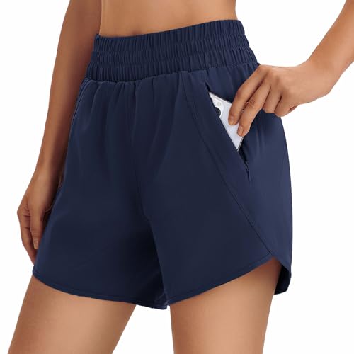 Hooxum Womens 5 Athletic Running Shorts High Waisted Quick Dry Lightweight Workout Gym Track Shorts with Zip Pocket UPF 50+ NavyBlue L