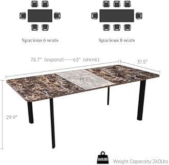 Extendable Dining Table for 6-8 People, 63 to 78.7 Inch Rectangular Table, Brown MDF with Sturdy Metal Legs, Space-Saving for Dining Room, Kitchen, Small Spaces
