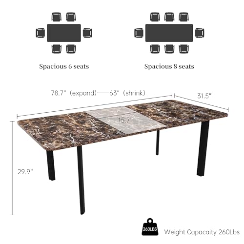 Extendable Dining Table for 6-8 People, 63 to 78.7 Inch Rectangular Table, Brown MDF with Sturdy Metal Legs, Space-Saving for Dining Room, Kitchen, Small Spaces