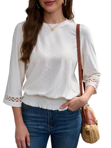 Image of Women's Summer Short Sleeve Eyelet Tops Daily Casual Crewneck T Shirts Elastic Waist Smocked Blouses