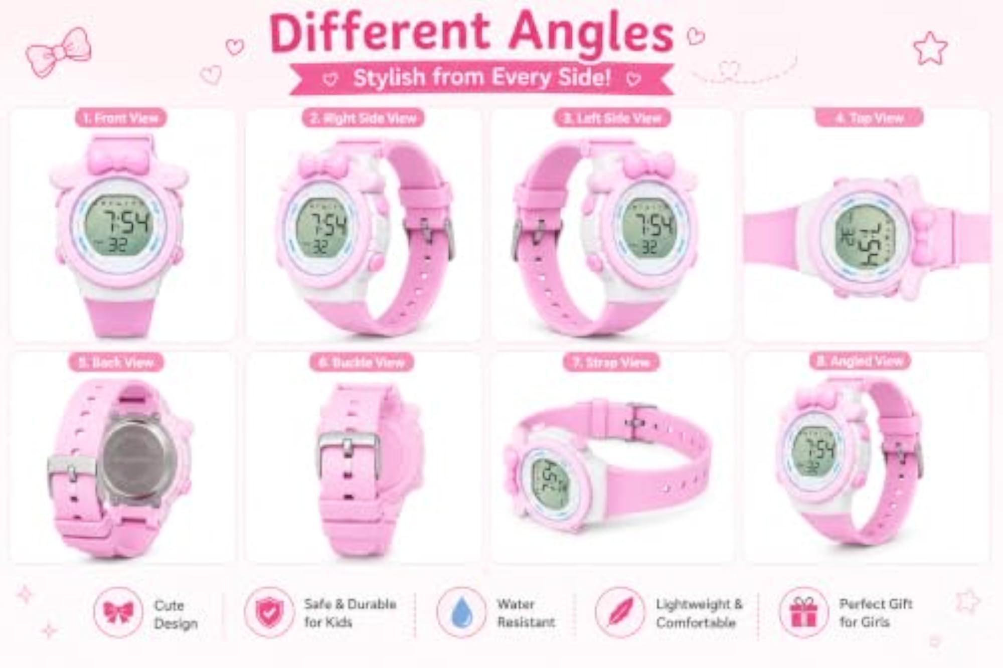 Kids Digital LED Watch, Cute Pink Bow Design