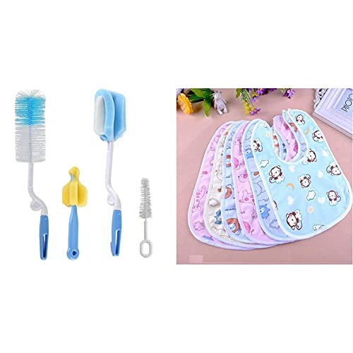 Image of Syga 4 Pcs Baby Milk Bottle Nipple Straw Brush Sponge Nylon Cleaning Brush Cleaner Bottle Tong Set R&Babygo Waterproof Babies Apron with Bib (Multicolour) - Set of 6