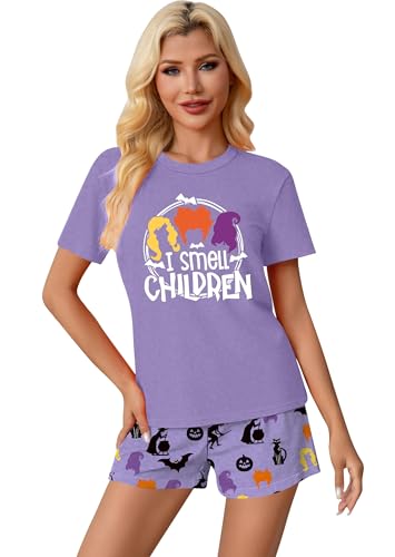 Halloween Pajamas Women Pumpkin Short Sleeve Tops and Shorts Pjs Set Fall Sleepwear Spooky Pajamas2