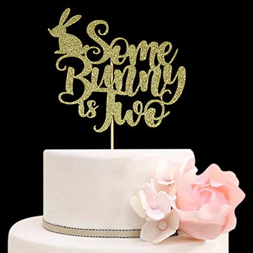 Some Bunny Is Two Cake Topper For Boys Girls 2Nd Anniversary Birthday Party Decorations, Bunny 2 Cake Toppers, Gold Glitter #TOP2
