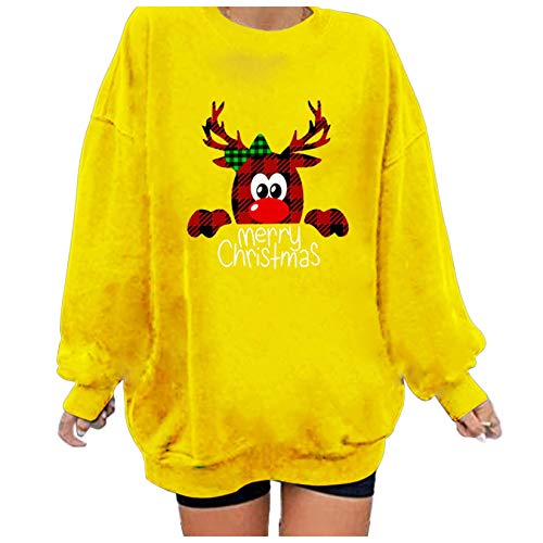 Women's Christmas Reindeer Themed Knitted Holiday Sweater Girl Boyfriend Style Crewneck Blouse (Yellow, XL)