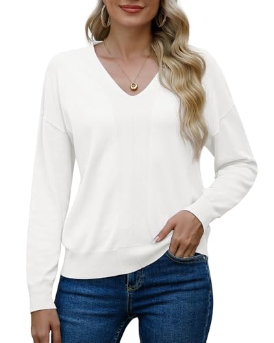 PrinStory Vrouwen V-hals truien breien lange mouw tops voor dames effen kleur sweatshirts