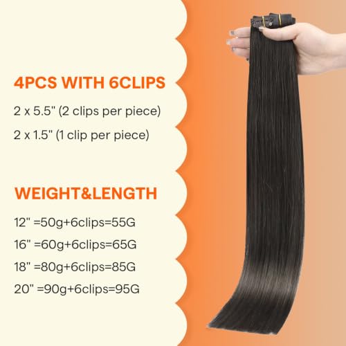 Image of Full Shine Clip in Hair Extensions, Soft Black, Invisible PU Weft | Real Human Hair, 20 Inch 95g 4 Pcs, Targeted Volume with Added Length, Soft Silky Hair, Wedding Guest, Long Hair