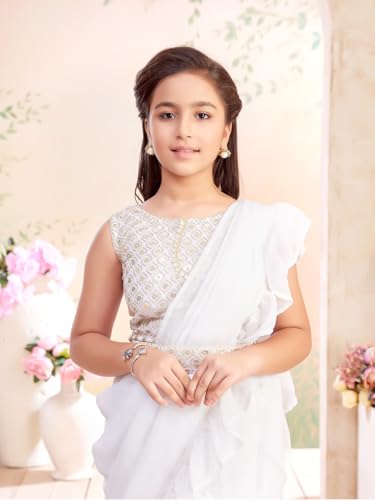 Image of Aarika Girls Ethnic Wear Cream Colour Sequin Embroidery Georgette Lehenga Saree With Attachable Dupatta