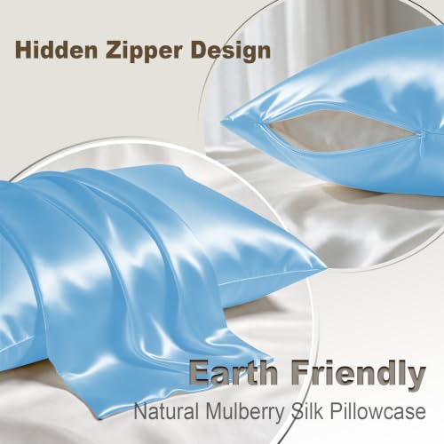 Image of LYSHIN Silk Pillow Cases 2 Pack Queen Size with Zipper, Sky Blue | 19 Momme Mulberry Silk Pillowcase for Skin and Hair, Anti-Acne, Hypoallergenic, Cooling, Beauty Sleep, Gifts for Women