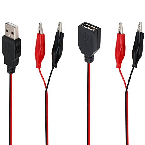 Greluma Juego de cables de prueba de pinzas de cocodrilo de cobre dual a USB, conector USB macho hembra de 2 uds a abrazaderas de cocodrilo para pruebas de circuitos eléctricos