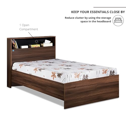 Image of DELITE KOM | 1 Year Warranty | Single Bed, Urban Engineered Wood Bed Without Box Storage & with Headboard Shelf Storage, Wooden Bed (83x37 Inches) | Installation Included | Color - Acacia Dark