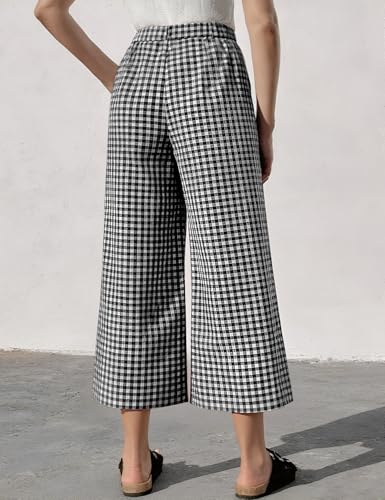 Flygo Women’s Wide Leg Gingham Capri Pants Cotton Elastic Waisted Plaid Palazzo Bottoms Flowy Trousers with Pockets4
