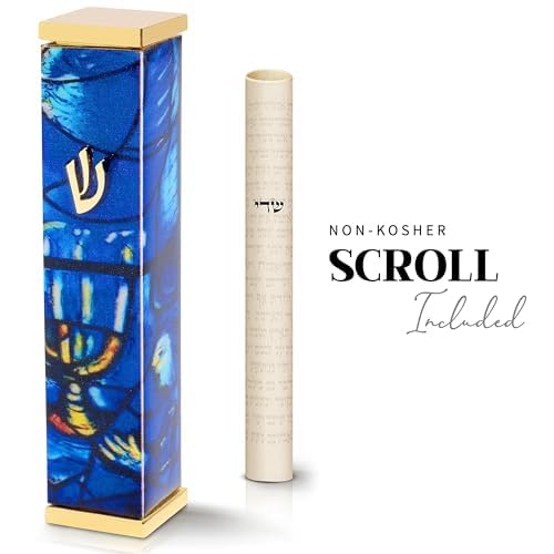 Image of SURI Mezuzah with Scroll for Door | 5 Inch Modern Aluminum Mezuzah Case | Fits 4 Inch Scroll | Gold & Silver Chagall-Inspired Design | Self Adhesive Easy Install | Judaica Jewish Gift