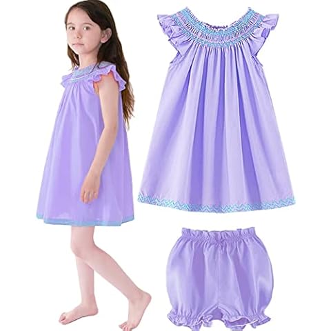610 YOU Smocked Dress with Bloomers Set in Purple Cotton, Vintage Dresses for Girls, Perfect Birthday Dress, 7-8 Years Cover