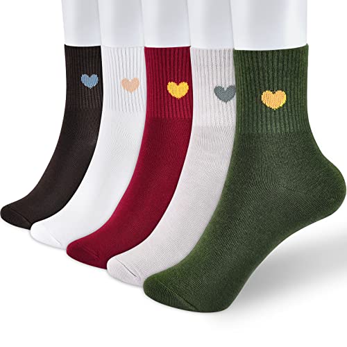 Image of Corlap Women's Cotton Crew Socks - Ankle High Fun Cute Heart Casual Dress Athletic Socks - 5Pairs Gifts for Mother /Her