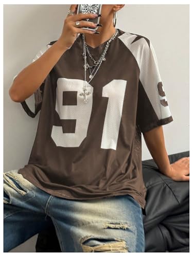 SHENHE Women's Color Block Oversized Football Jersey Mesh Number Print Short Sleeve Tee Top4