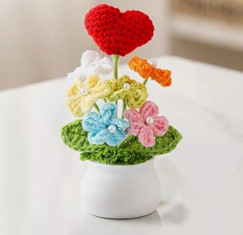 Image of VRB Dec Plastic TM 1 Pcs Crochet Flowers Artificial Sunflower for Office Desk Car Dashboard Decor,Home Decoration, Office, Bedroom, Christmas Decor, Wedding (Small Daisy with Red Heart)