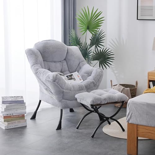 Image of LITA Lazy Chair with Ottoman, Modern Accent Leisure Upholstered Sofa Chair, Contemporary Lounge Reading Chairs with Armrests and a Side Pocket for Living Room, Bedroom & Small Space, Plush Grey