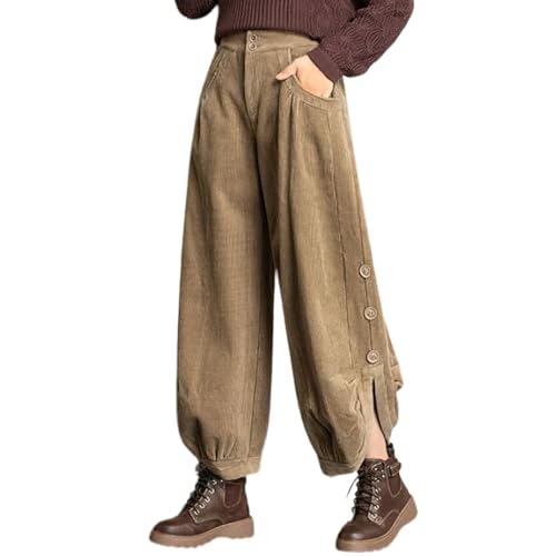 chouyatou Women's Winter Loose Baggy Sherpa Lined Corduroy Pants Elastic High Waisted Wide Leg Trouser