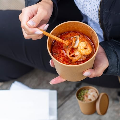 PakTalk 50 Pack Soup Containers with Lids, Disposable and Biodegradable Ice Cream Cups Kraft 12oz Paper Soup Bowls with Lids for Hot Drinking, Food, and Ice Cream (50 sets, 12 oz)