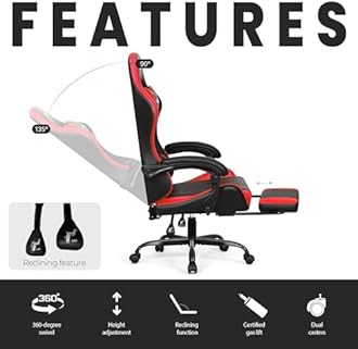 N-GEN GAMING Video Gaming Chair with Footrest Lumbar Support for Home Office High Back Recliner Height Adjustable Ergonomic Comfy Leather Computer Desk Chair (Red)