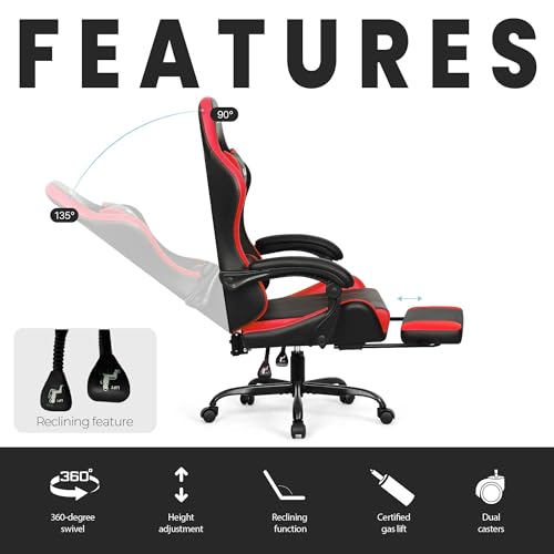N-GEN GAMING Video Gaming Chair with Footrest Lumbar Support for Home Office High Back Recliner Height Adjustable Ergonomic Comfy Leather Computer Desk Chair (Red) - Image 6
